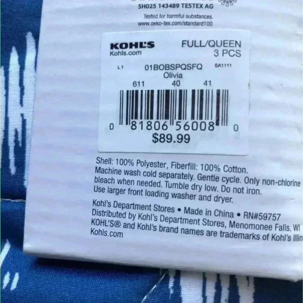 Kohl’s Big One Reversible Olivia Quilt Set w/2 Shams Blue geometric pattern F/Q
